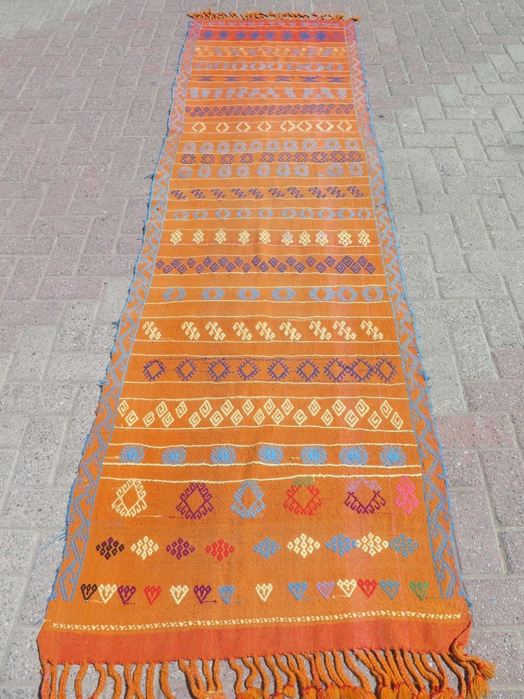 Tangerine Vintage Runner Rug, Handmade Long Wool Tribal Aisle Carpet 33"x117"