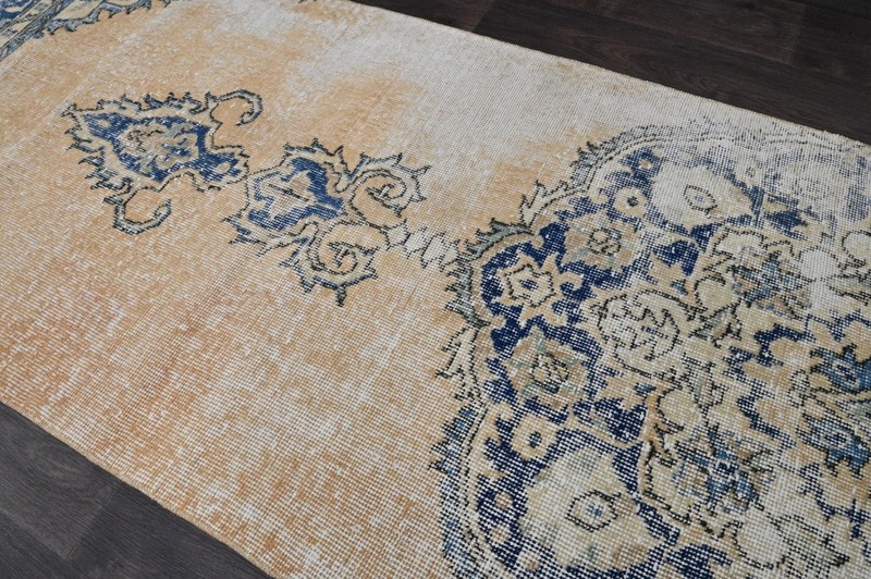Vintage Turkish Runner Rug 2x6ft BEIGE Handmade Anatolian Oushak Hallway Wool gallery