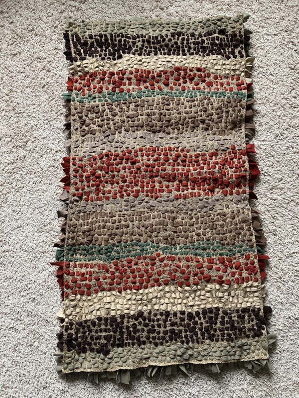 Vintage Handmade PRODDY/PROGGY CLIPPY Rag Rug/Mat 36”x19”-Brown/Rust/Beige/Green gallery