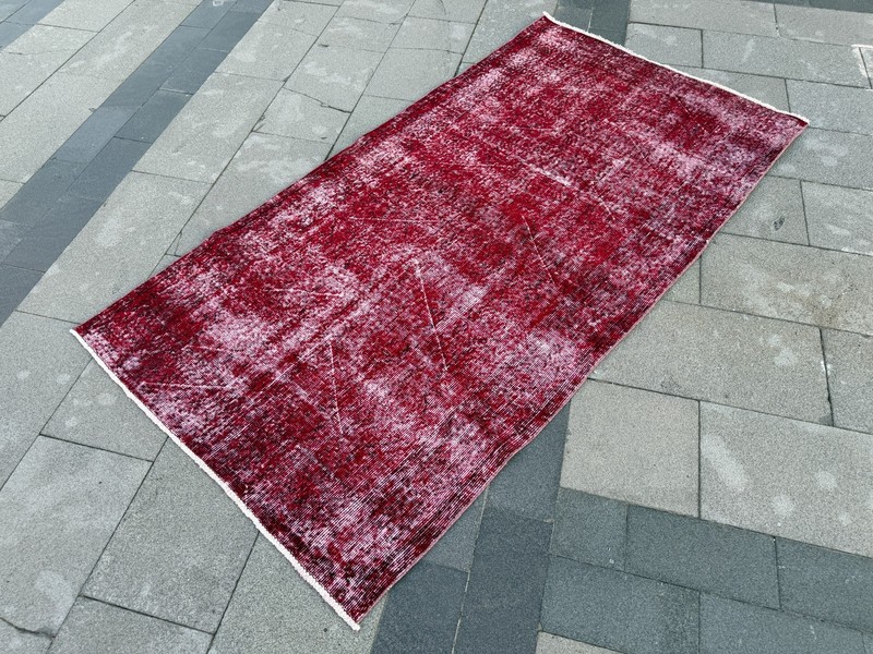 Overdyed Burgundy Wool Carpet 3.6x7.1 Ft Handmade Vintage Turkish Rug gallery