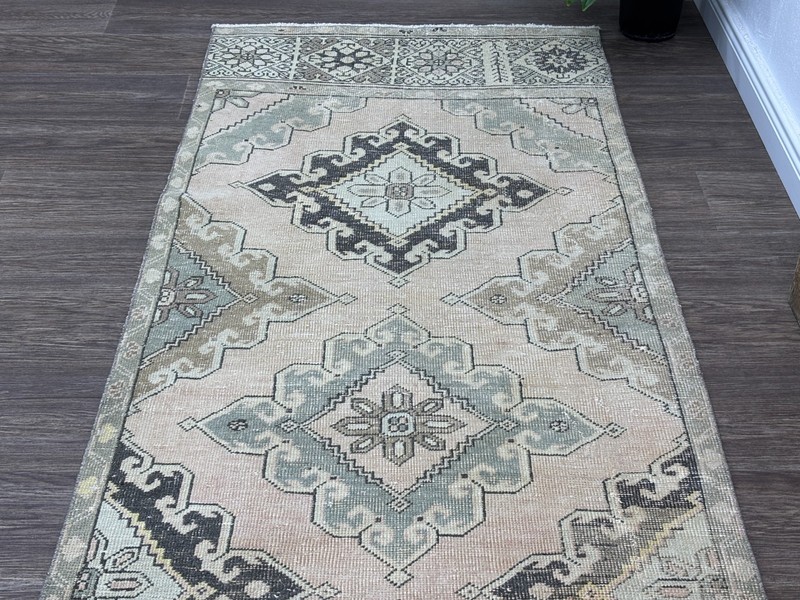 3x13 Hand-Knotted Oriental Turkish Runner, Vintage Pink Oushak Hallway Runner gallery