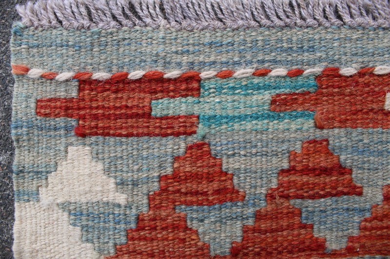Kilim Vintage Traditional Hand Made Oriental Blue Wool Short Runner 148x52cm gallery