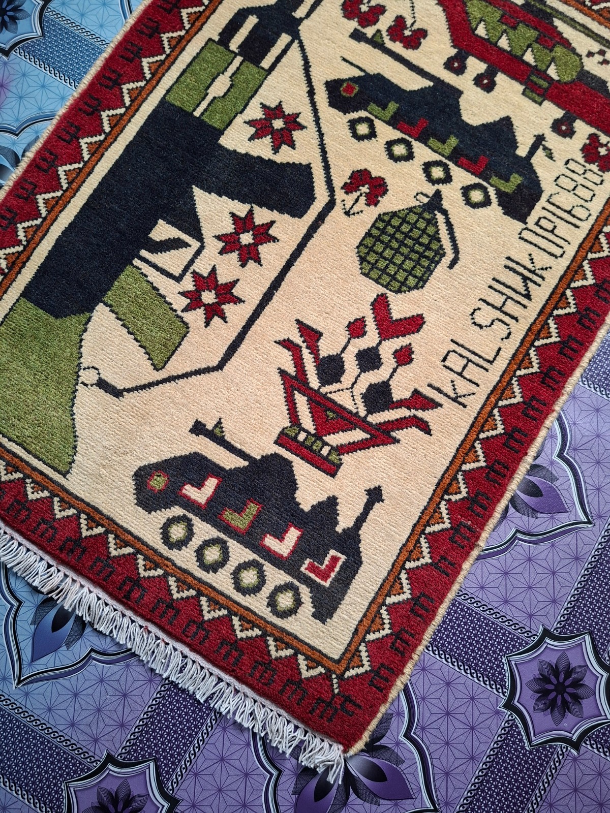 M115 Vintage Afghan War Rug 9/11 Handmade Wool Pictorial Tribal Rug 87 ×62 Cm gallery
