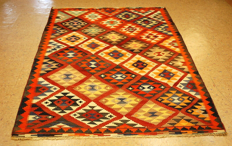 OLD, ANTIQUE RARE DESIGN CAUCASIAN KILIM FLAT WOVEN RUG 5' x7'7" VEG NATURAL DYE gallery
