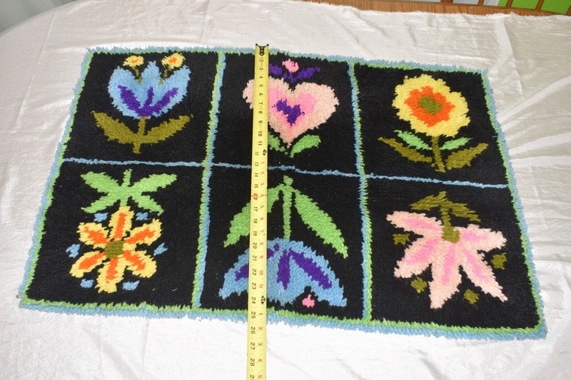 Vintage 1970’s HANDMADE Floral Shag Latch Hooked RUG 36” x 25” Heirloom Gift gallery