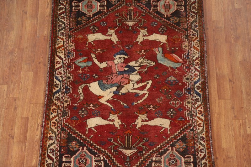 Hunting Design Handmade Traditional Rug 4x5 Ft Red Pictorial Oriental Wool Rug gallery