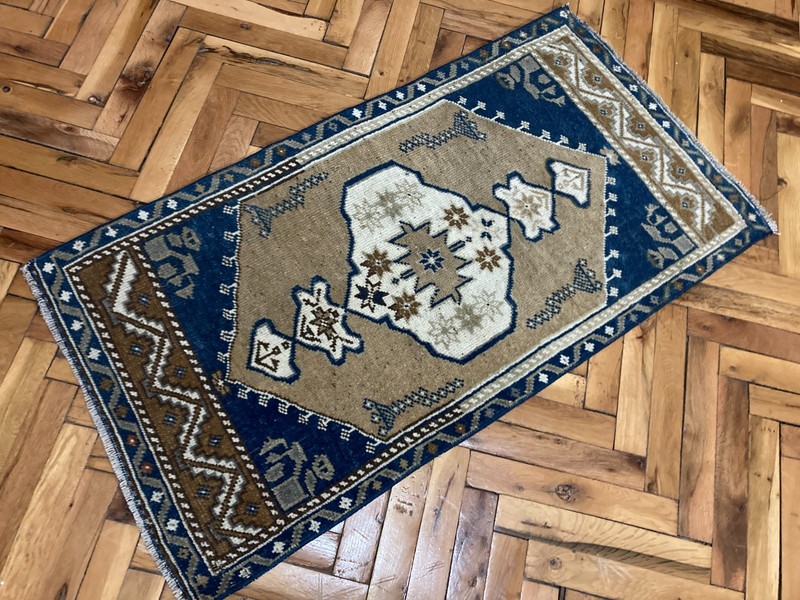 Vintage Anatolian Wool Rug 1.8 x 3.5 ft Brown Blue Turkish Handwoven Carpet gallery