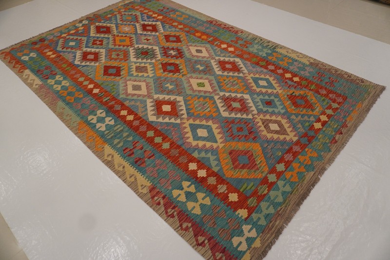 7x10 Blue Gray Reversible Afghan Hand Woven Wool Bohemian Area Rug 6'5"x9'9" gallery