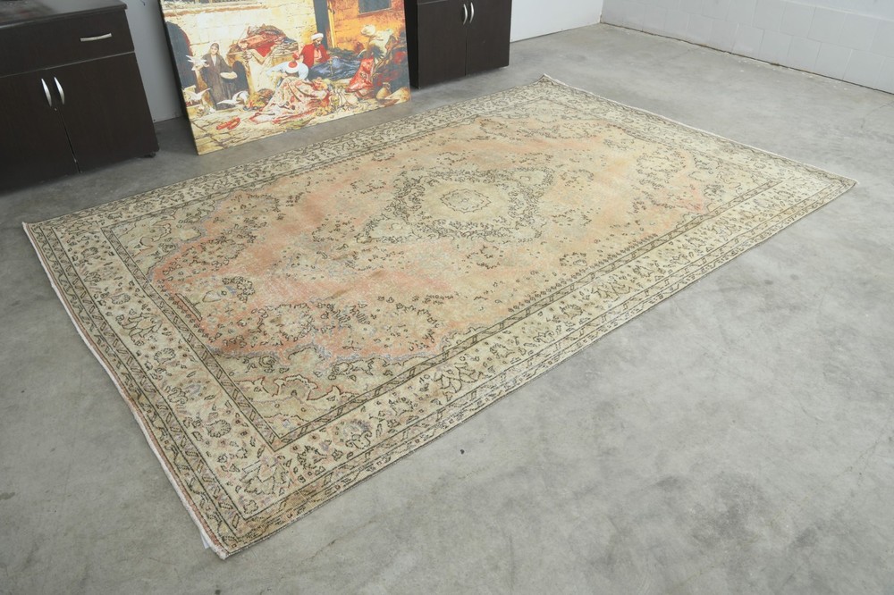 7x10 Turkish Antique Large Wool Rug Hand-Knotted Neutral Vintage Oushak Rug,742