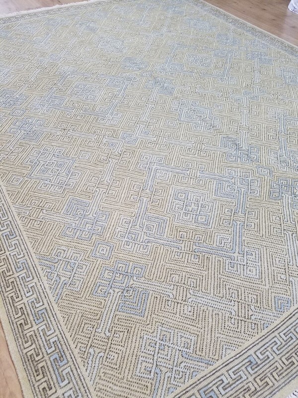 Gorgeous Romanian Geometric Design Beige & Blue High & Low Wool 8 x 10 Rug gallery