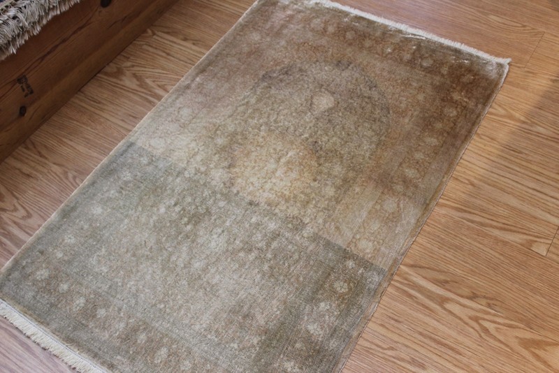 AUTHENTIC SILK RUG, Antique 4' x 2'6" Natural Silk muted color matches Herke gallery