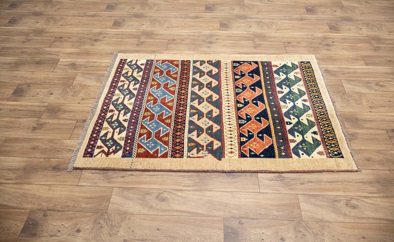 Vintage Distressed Tribal Striped Wool Oriental Rug Entryway Carpet 3’5x4’0 Ft gallery