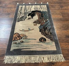 Chinese Silk Wall Hanging 3×5, Handmade, River and Boat Scene, Rug Tapestry