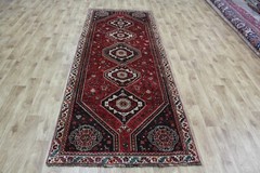 Vintage handmade oriental Qashqai wool runner with medallion design 288 x 108 cm