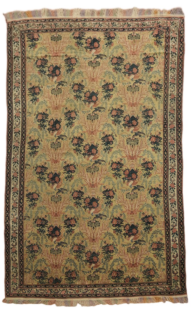 Pre-1900 Antique Style 7x5 Hand-Knotted Wool Floral Tribal Rug in Gold & Cream
