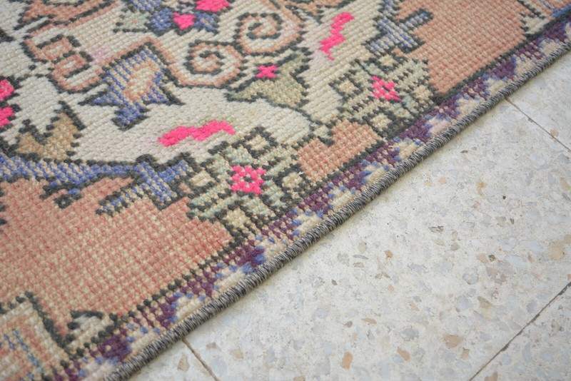 Pink Antique Turkish Hand Knotted Door Mat, 1.5x3.1ft, Multicolor Vintage Rug, gallery