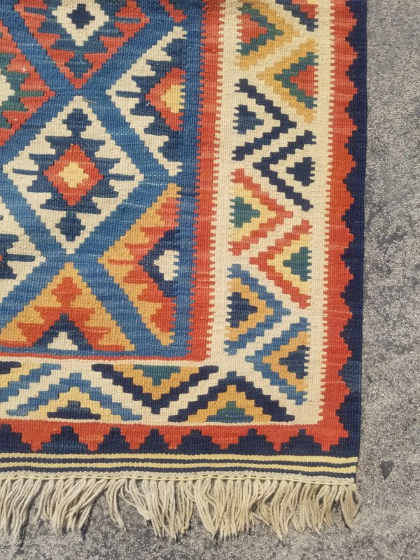 Distressed Vintage Traditional Handmade Anatolian Wool Blue Kilim 8.2x4.11ft gallery