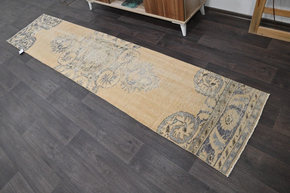 Vintage Turkish Runner Rug 2x10ft BEIGE Handmade Anatolian Oushak Hallway Wool