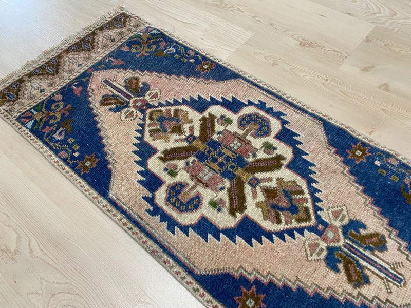 Narrow Turkish Small Rug 1.3 x 3.2 ft Vintage Wool Hallway Boho Carpet gallery