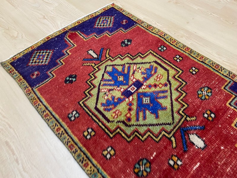 Vintage Turkish Small Rug 1.6x2.7 ft Bold Red Blue Medallion Wool Carpet gallery