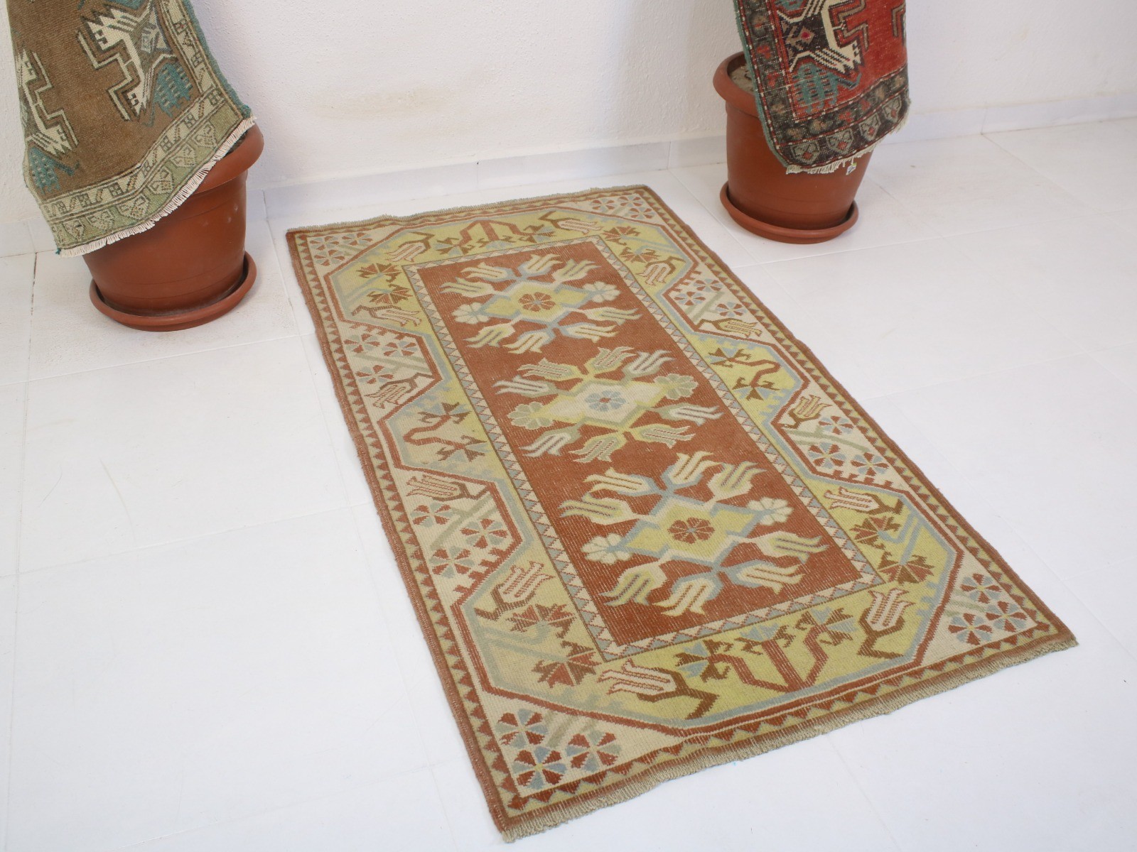 Vintage Hand Knotted Accent Rug Red Beige Tribal Geometric 3x4 ft gallery