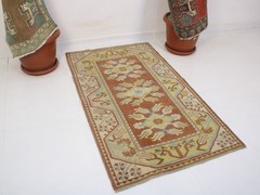 Vintage Hand Knotted Accent Rug Red Beige Tribal Geometric 3×4 ft