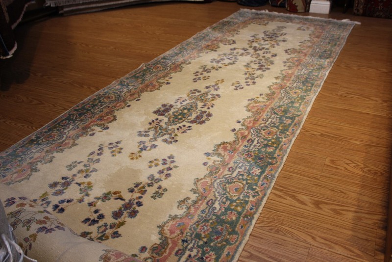 Antique Kirman Circa 1930's Handmade Knotted 15'5" LONG Beige 4' x 15'5" Runner gallery