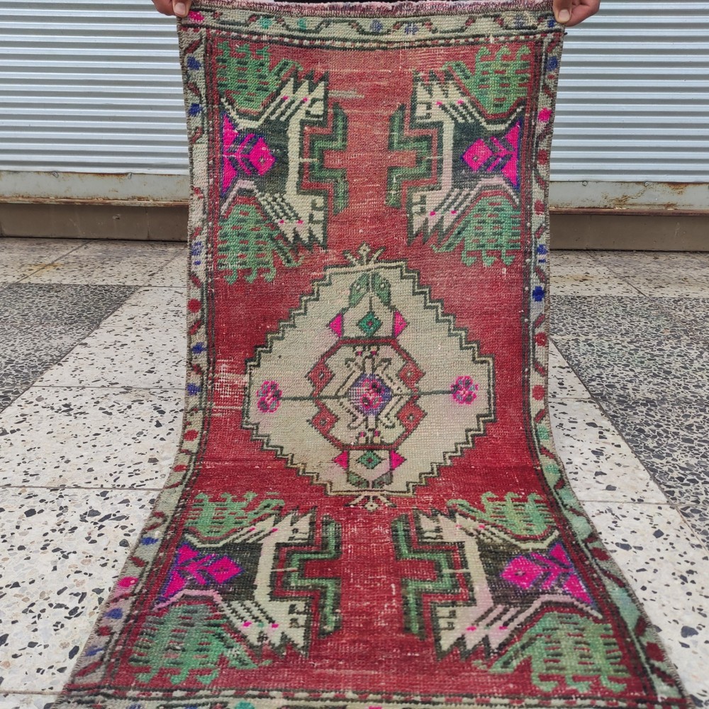 2x3 Turkish Vintage Small Rug 51 x 105 cm Handmade Wool Bath Mat 1.67 x 3.44 ft