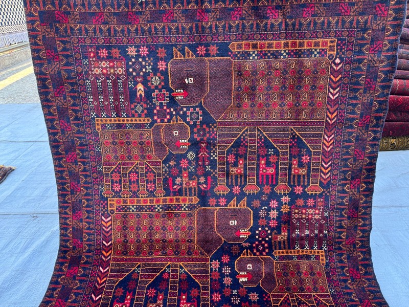 Hand Knotted Afghan Vintage Area Rug 4x6 ft Blue Baluchi Pictorial Animal Carpet gallery
