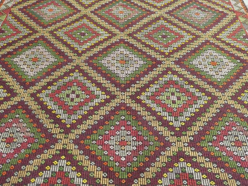 Vintage Multicolor Geometric Turkish Rug, Large Handwoven Cecim Carpet 92"x138" gallery
