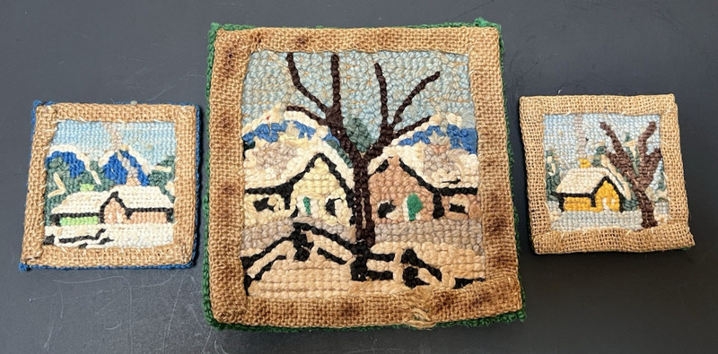 THREE Miniature Antique/Vintage Primitive Folk Art Hooked Rug Mats Winter Scenes gallery