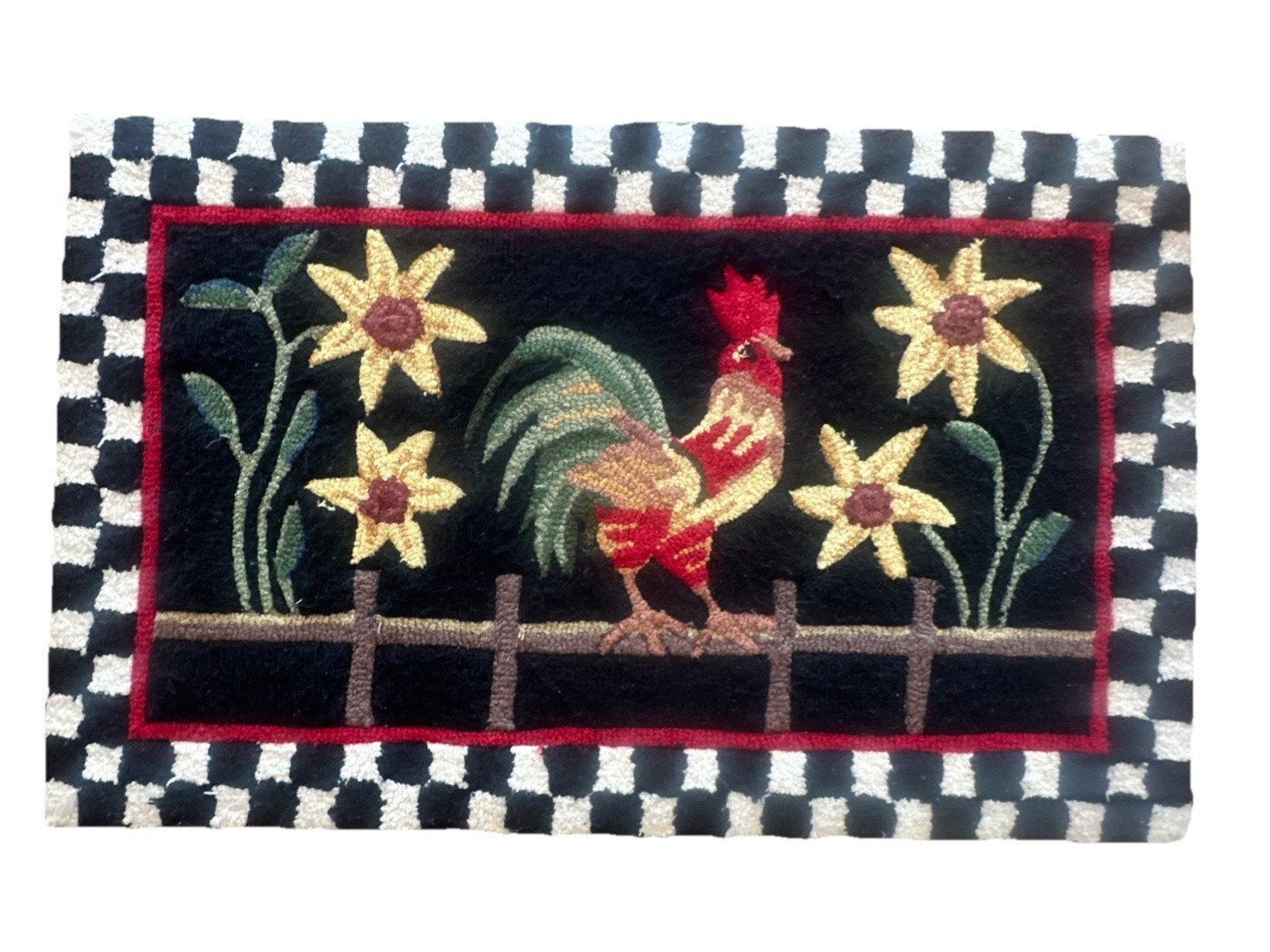 Vintage Hooked Wool Rug Rooster Sunflowers Checkered Border 2x3 #1 gallery
