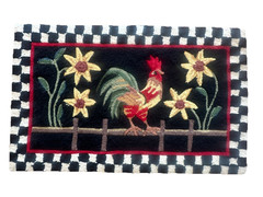 Vintage Hooked Wool Rug Rooster Sunflowers Checkered Border 2×3 #1