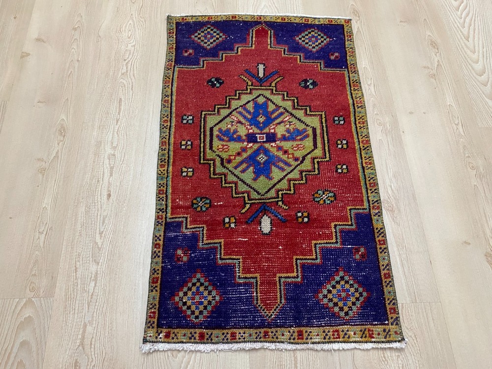Vintage Turkish Small Rug 1.6x2.7 ft Bold Red Blue Medallion Wool Carpet