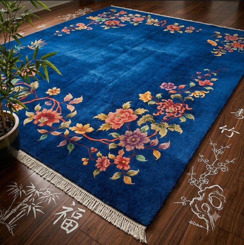Handmade Chinese Floral Area Rug Blue Wool Vintage Art Deco Oriental Carpet gallery