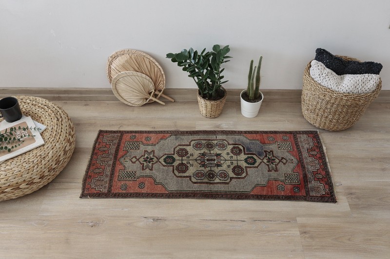 1x4 Vintage Turkish Rug, Bohemian Wool Mat, Hand Knotted Rug, Oushak Rug gallery