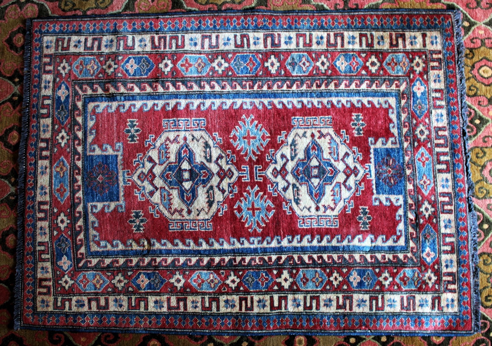 Vintage Kazakh Pakistan Made Hand Knotted Vegetable Dye Wool Rug 41"x56" c.1995 gallery