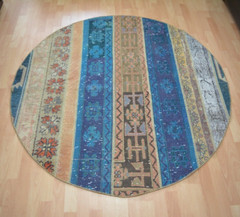 Blue Turkish Vintage Round Rug, 4.8×4.8ft, Antique Multicolor Handmade Rug,