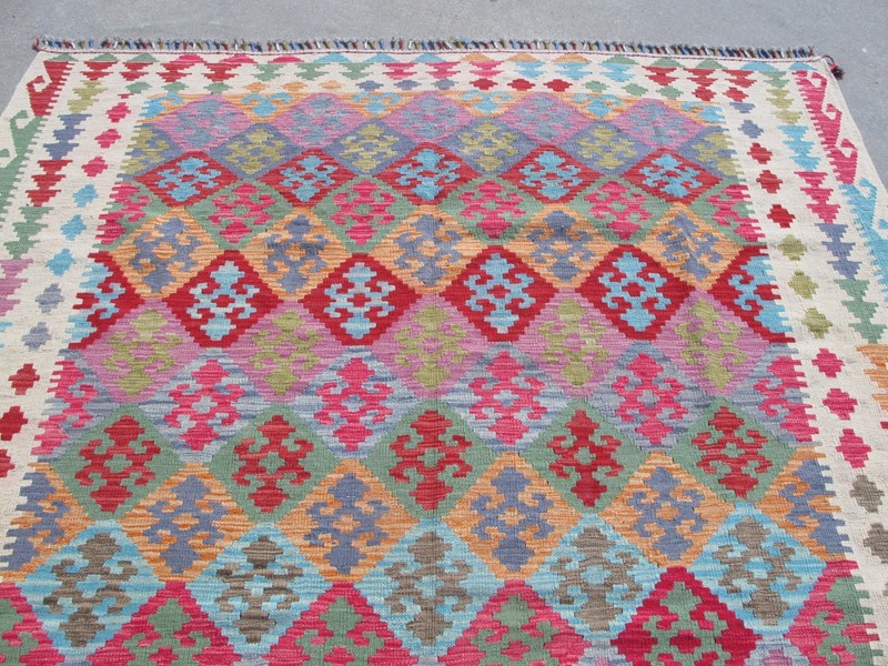 7x9 Afghan Kilim Rug Pink Handwoven Wool Maimana Rug Colorful Boho Area Carpet gallery
