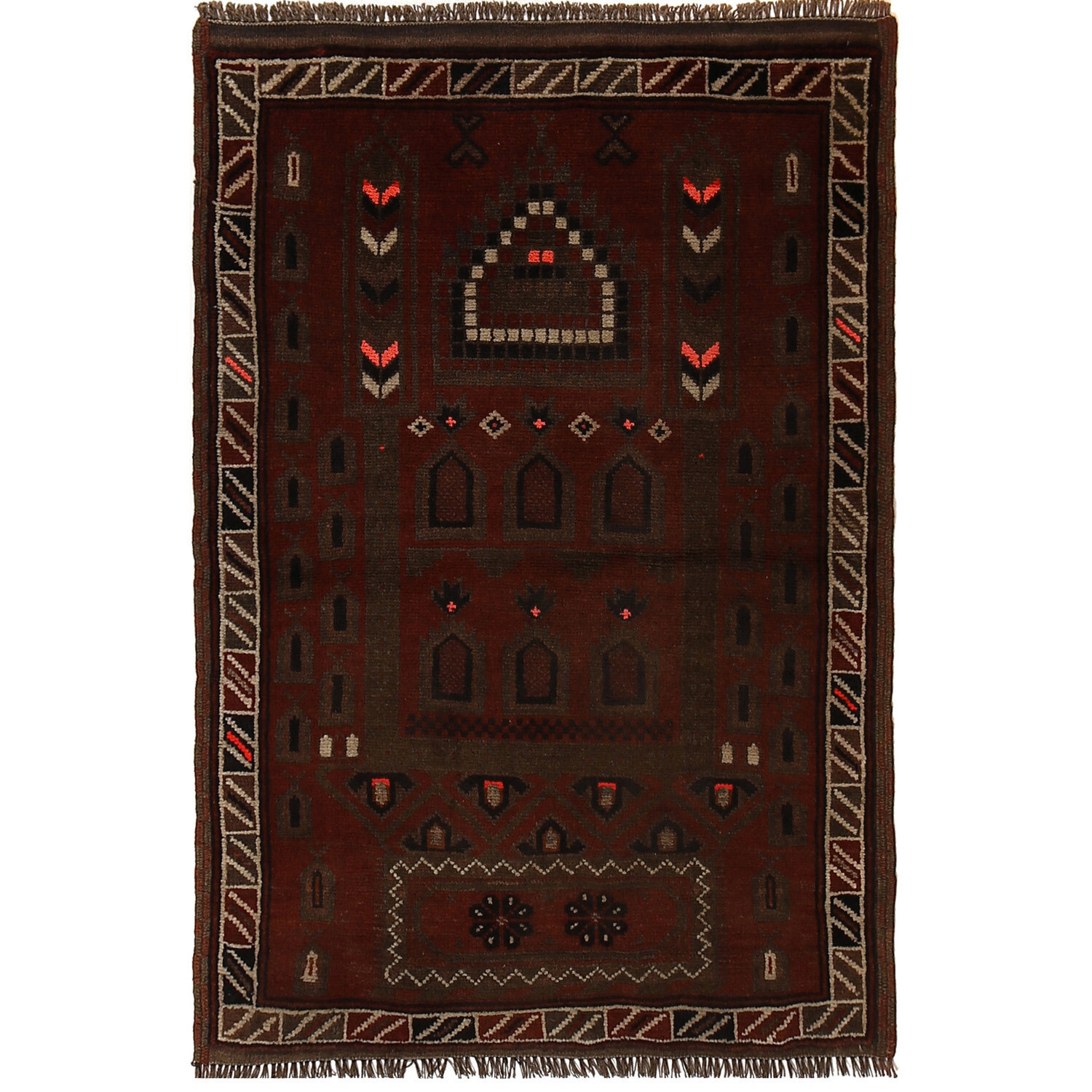 Traditional Hand Knotted Afghan Rug Brown Vintage baluchi Rug 2'7x4'2 ft -B16984 gallery
