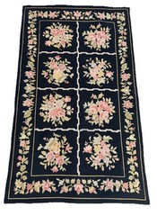 Black Floral Needlepoint Rug, European 9 Panel Design, Vintage Carpet 3×5 ft