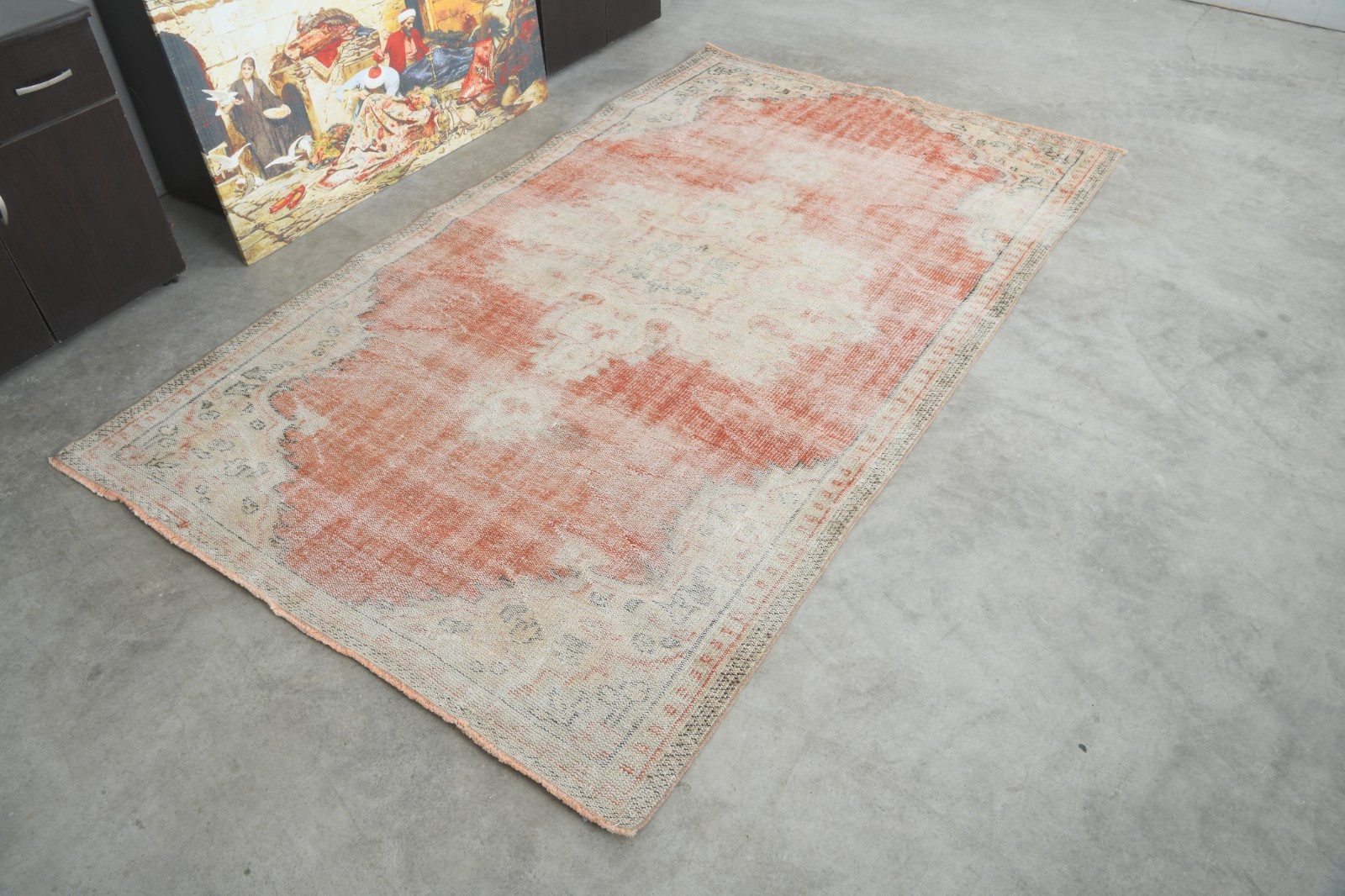 5x9 area rug, handmade vintage turkish rug, faded oversize oushak rug,16 gallery