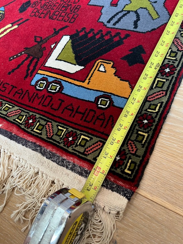Handmade Afghan Pictorial War Rug Mat | Vintage | Rare | 25” x 33" | Red gallery