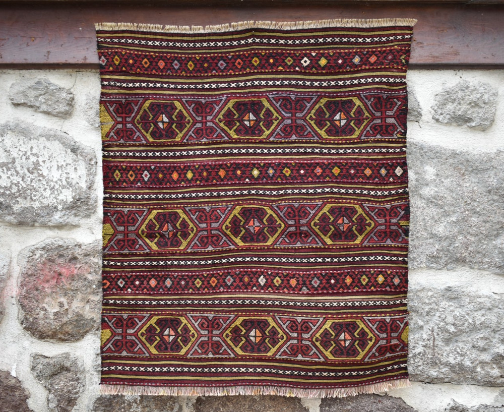 Turkish Rug 36'' x 41'' Vintage Soumak Rug Home Decor Rug Rare Size Wool Rug