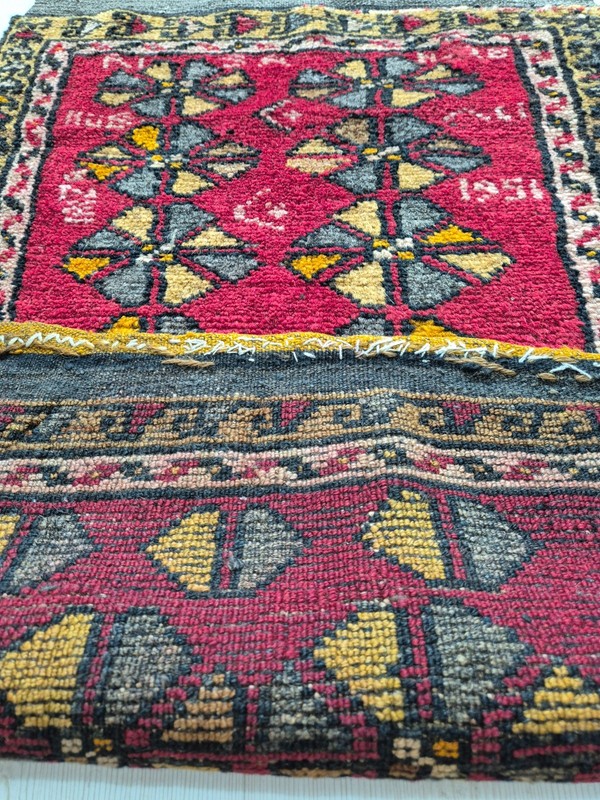 Antique Rug Pillow, Hand Woven Small Carpet, Handmade, Wool, Anatolian,1951 gallery