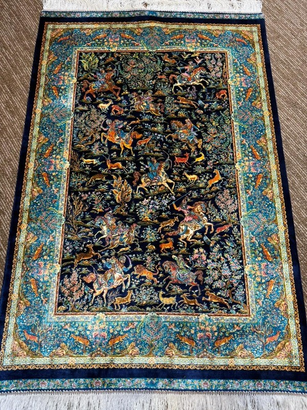 Silk Rug 3 x 5 Feet Hunting Design Shikargah Art Pattern Soft Lustrous Carpet gallery