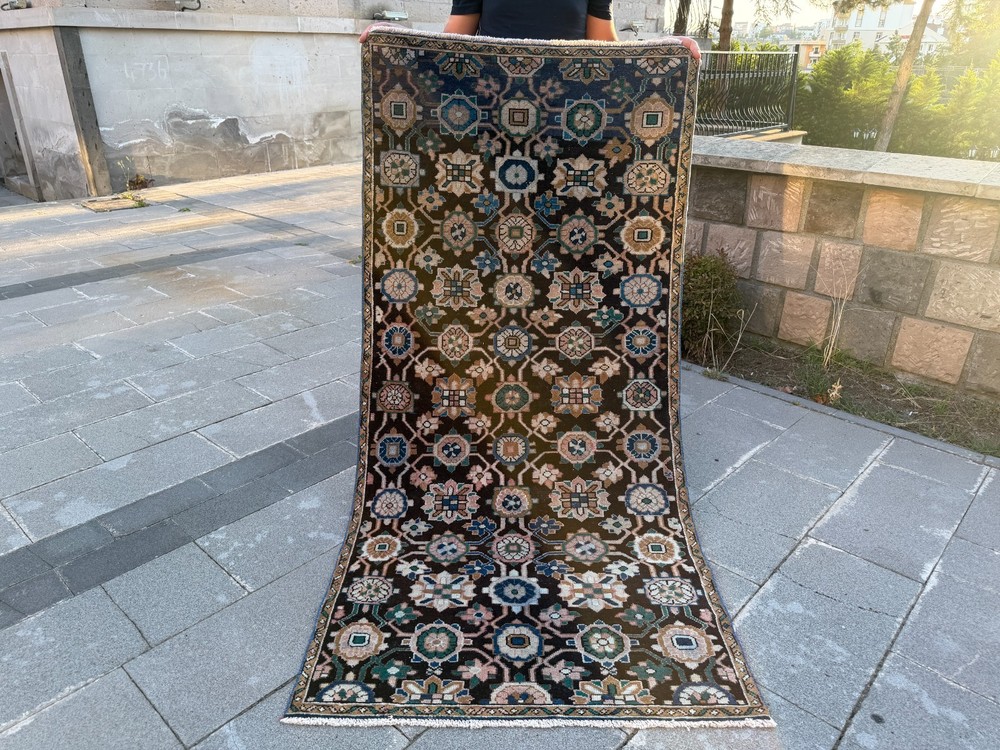 Vintage Turkish Rug 3.2x6.8 Ft Black Handmade Wool Floral Anatolian Area Rug