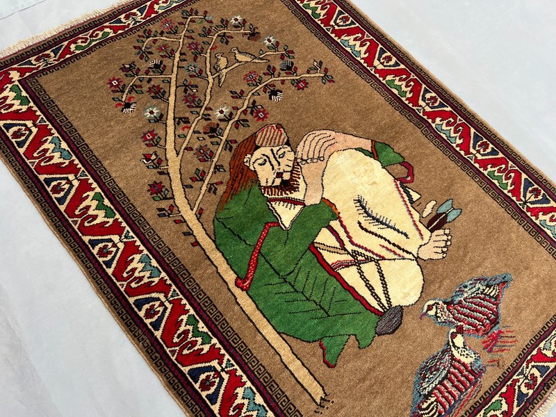 Vintage Afghan Baluchi Pictorial Rug 3'2 x 4'5 ft, Hand-Knotted Wool, Rare Rug gallery