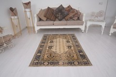 Small Oushak Rug 4×5 ft – Antique Turkish Wool Carpet, Faded Pastel Tones,1255