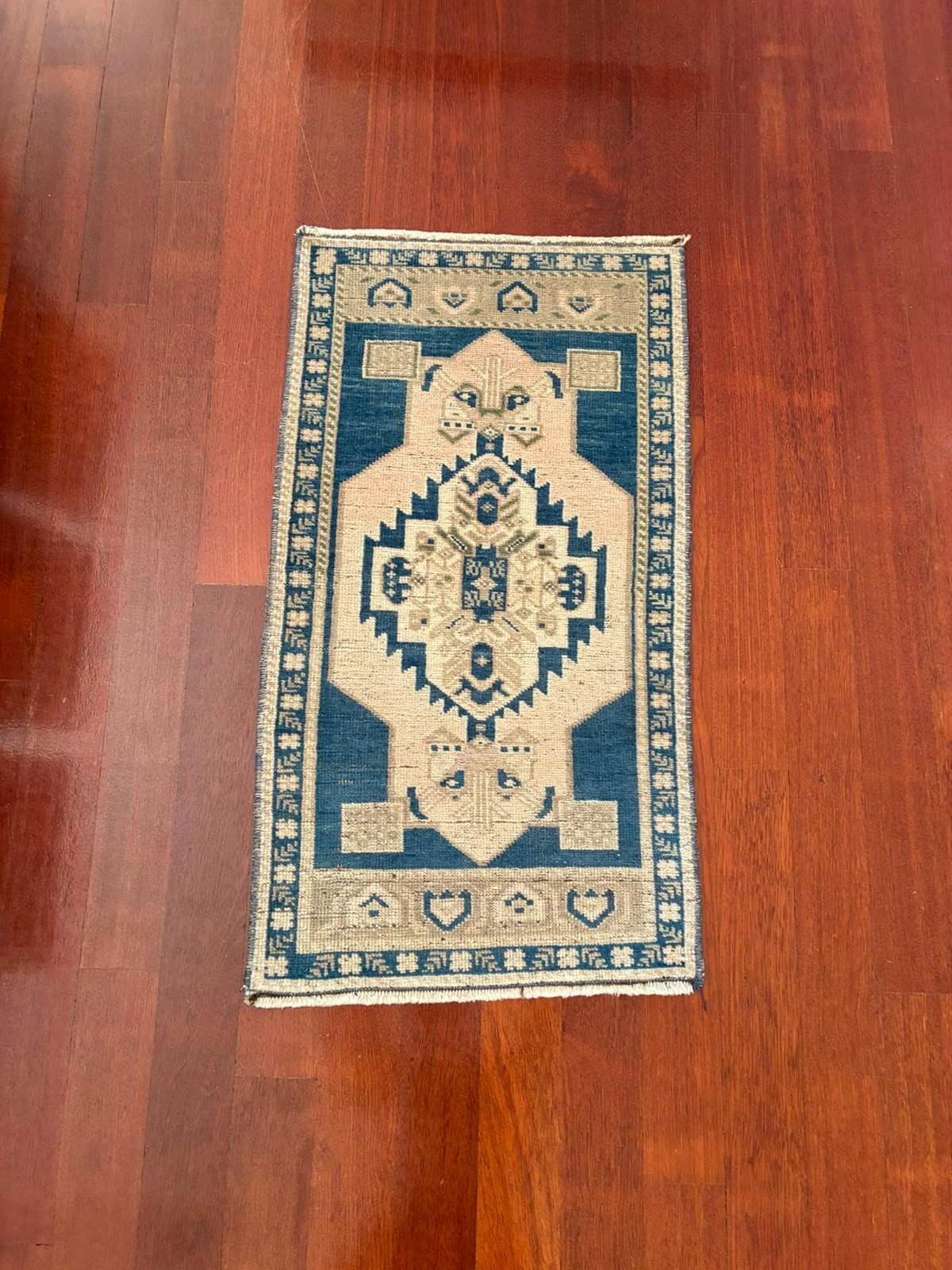 Vintage Oushak 2x3 Small Rug Blue Cream Beige Hand Knotted Turkish Wool Door Mat gallery